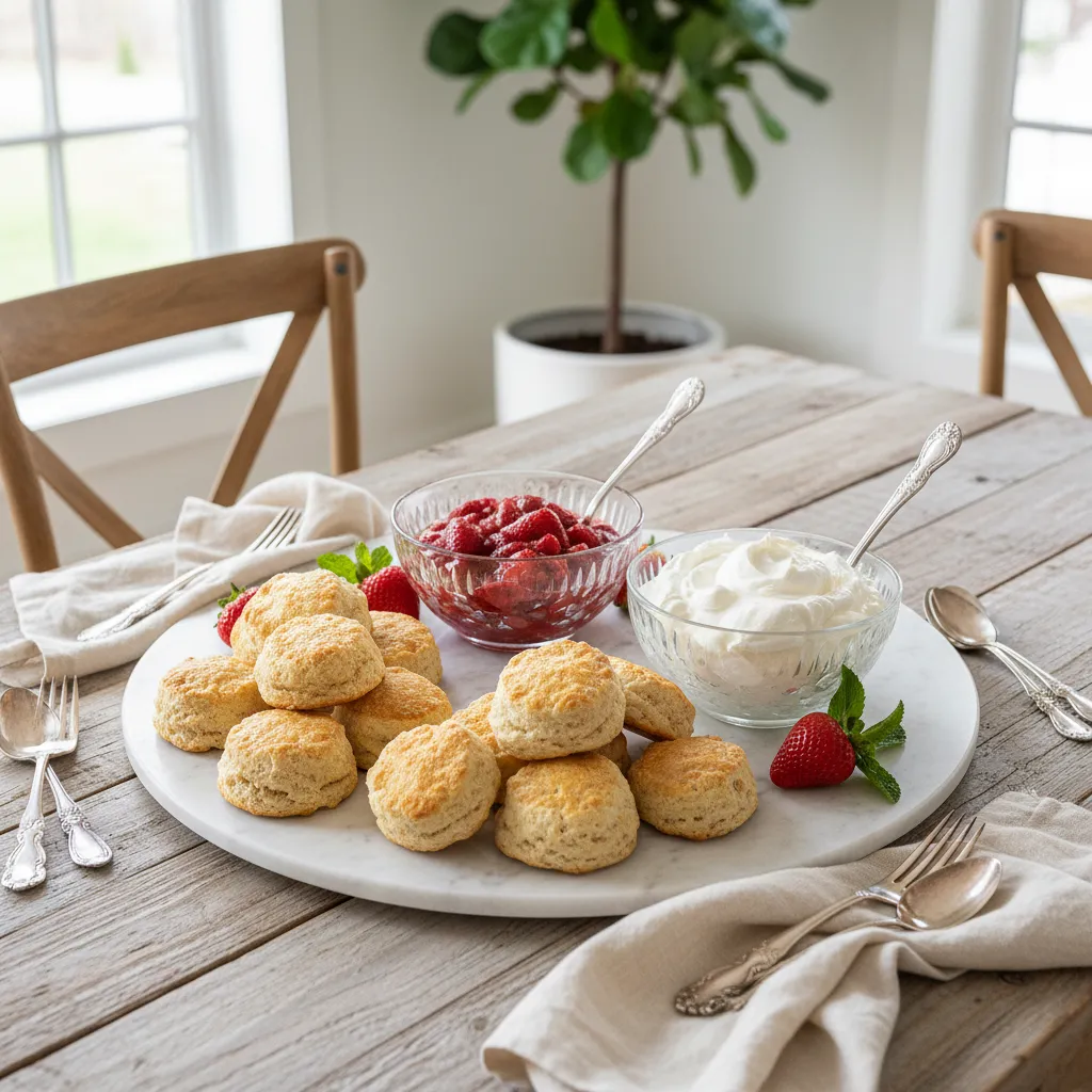 Deconstructed strawberry shortcake platter on marble board with crystal bowls