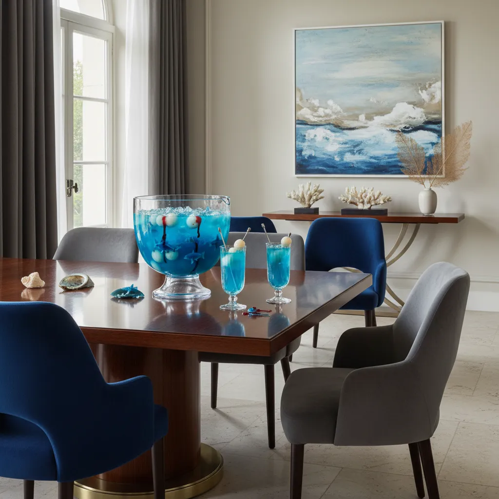A sophisticated dining setting featuring a vibrant blue spirulina drink in crystal glassware.