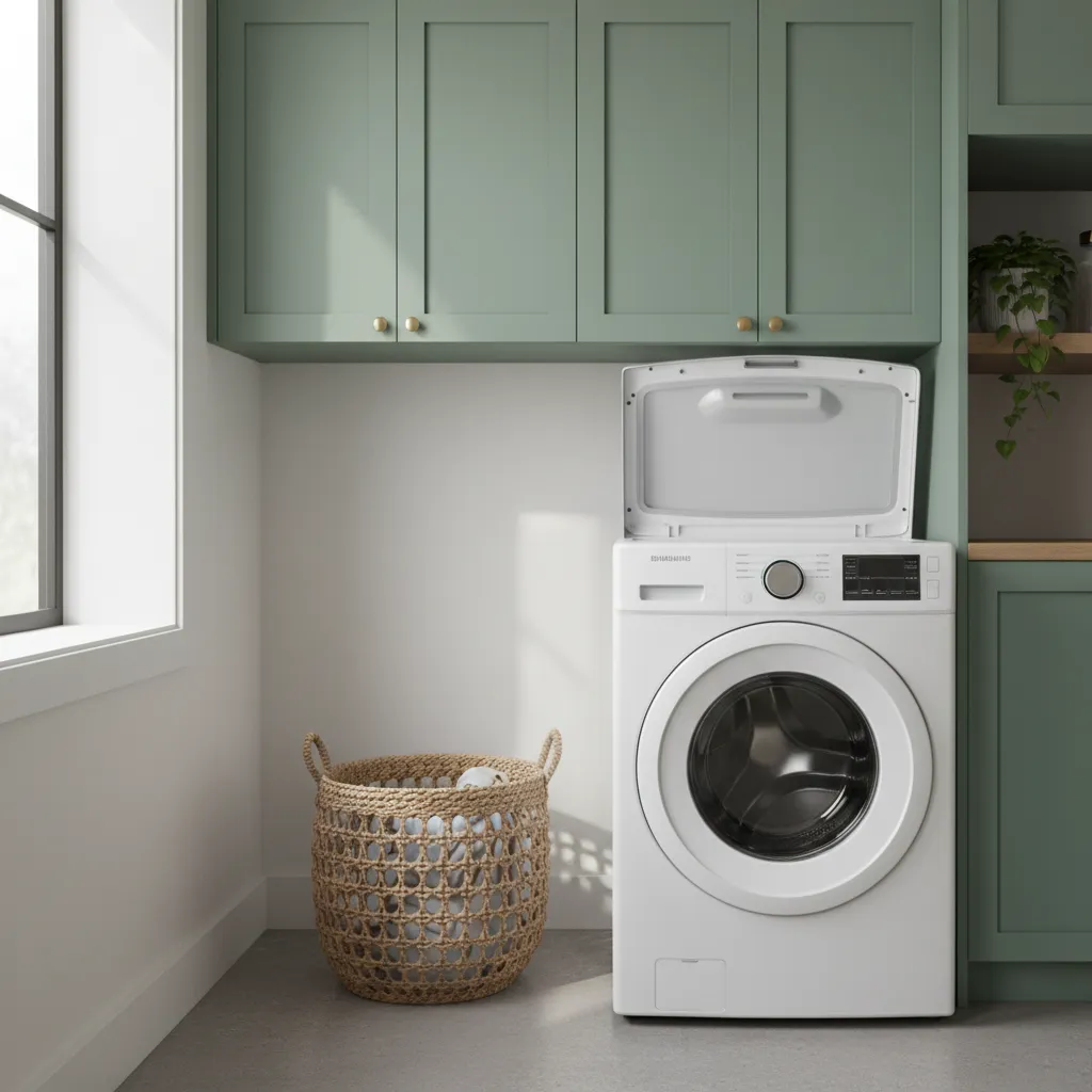 Matte green cabinets installed high above a top loading washer to allow full lid opening clearance.