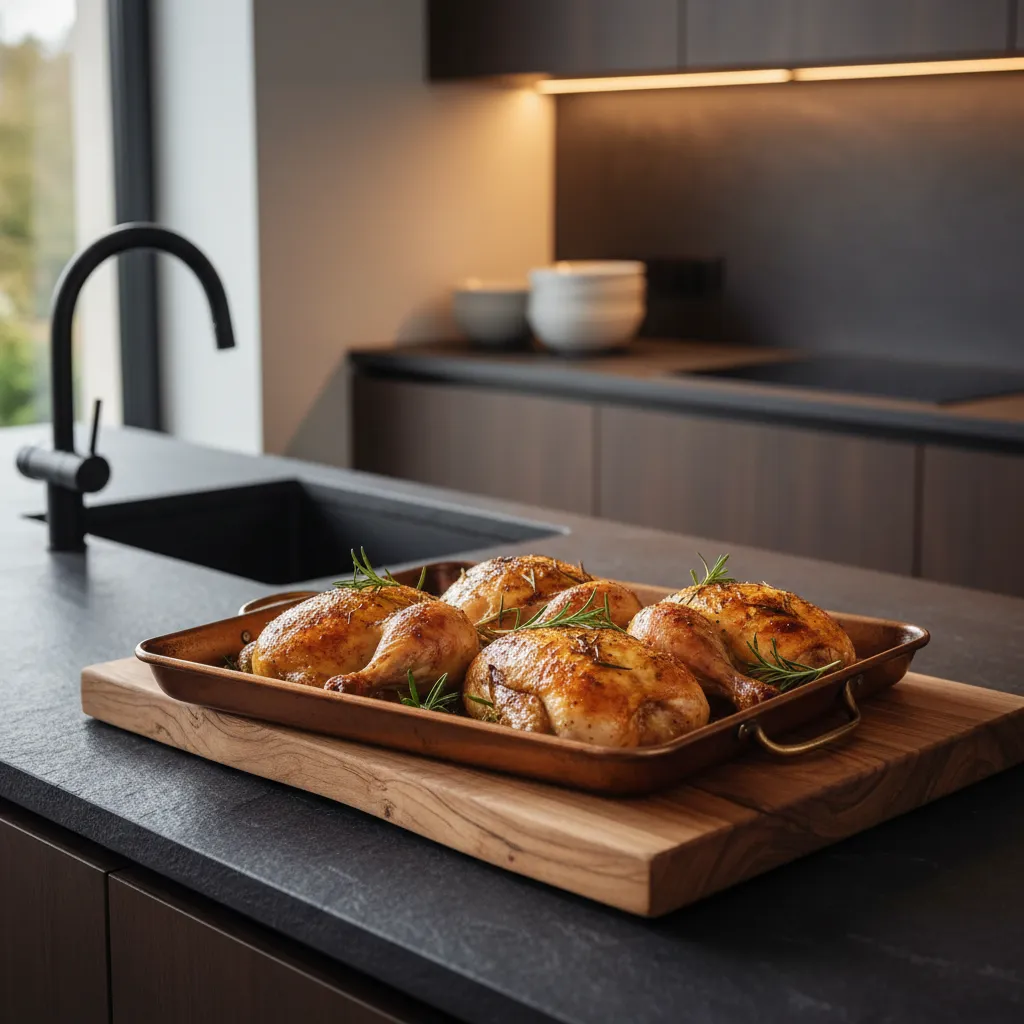 Sheet pan rosemary chicken on a modern kitchen counter