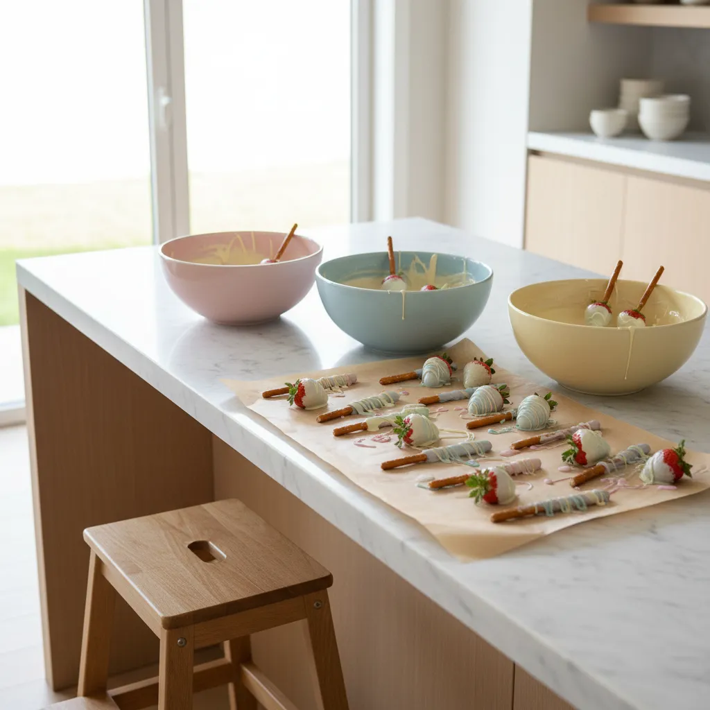 Organized kitchen counter with dipping bowls and parchment paper