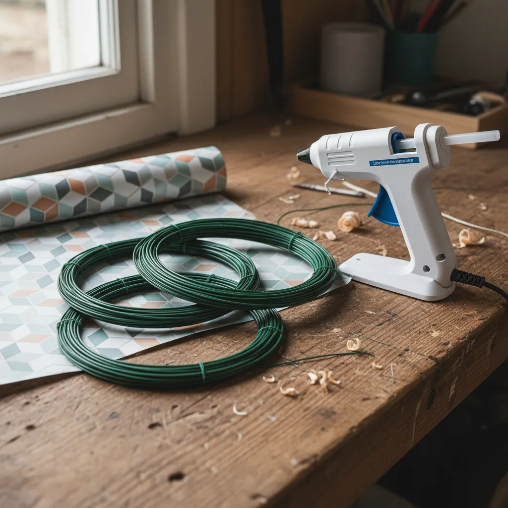 Close up of floral wire and a glue gun on a workbench
