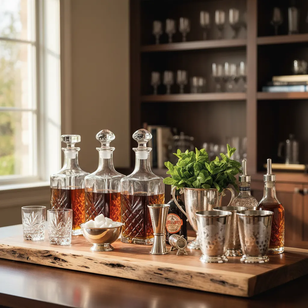 Crystal decanters and silver cups arranged on a home bar