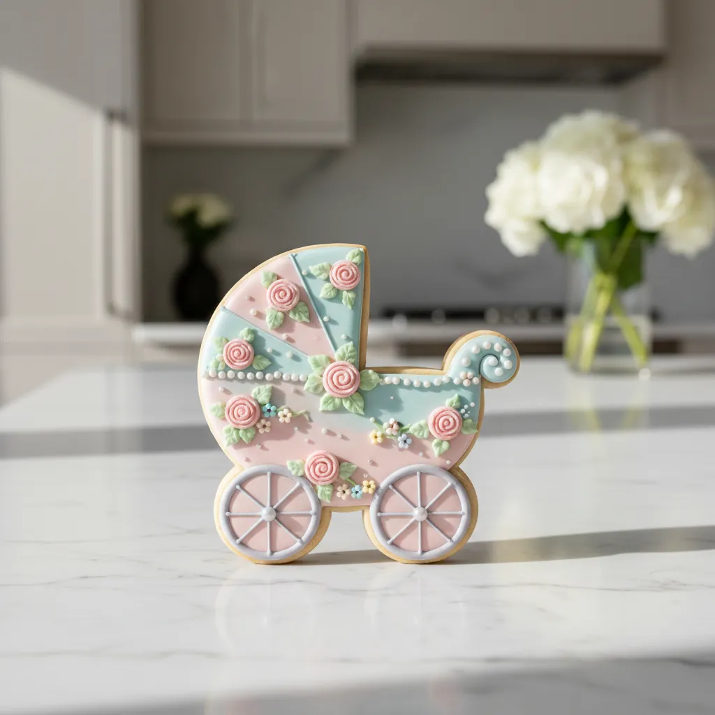 Beautifully decorated baby carriage cookie with icing flowers and edible pearls