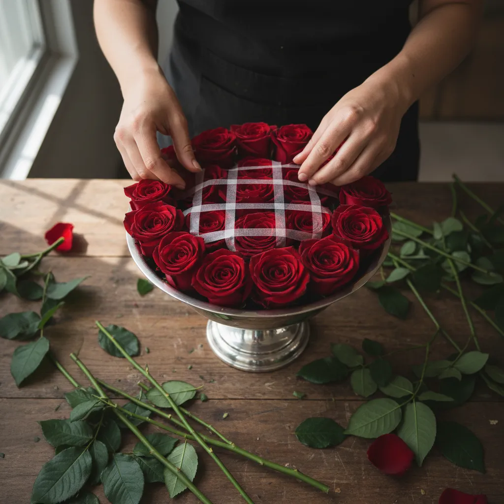 Creating a floral grid with tape for a rose centerpiece