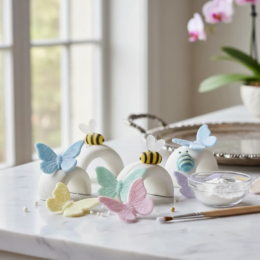 Hand-sculpted fondant butterflies with pastel wings drying on a curved rack for spring cupcake decoration