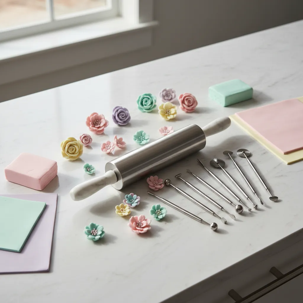Stainless steel tools and pastel fondant flat lay on marble