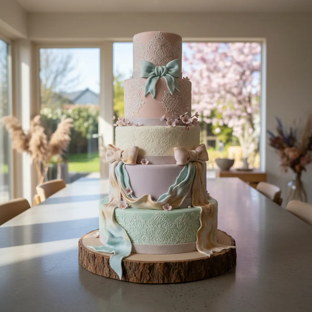 Close up detail of fondant lace and ribbons on an elegant cake