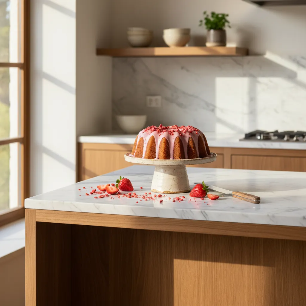 Elegant strawberry cream cheese pound cake on a raw wood kitchen island under warm ambient lighting
