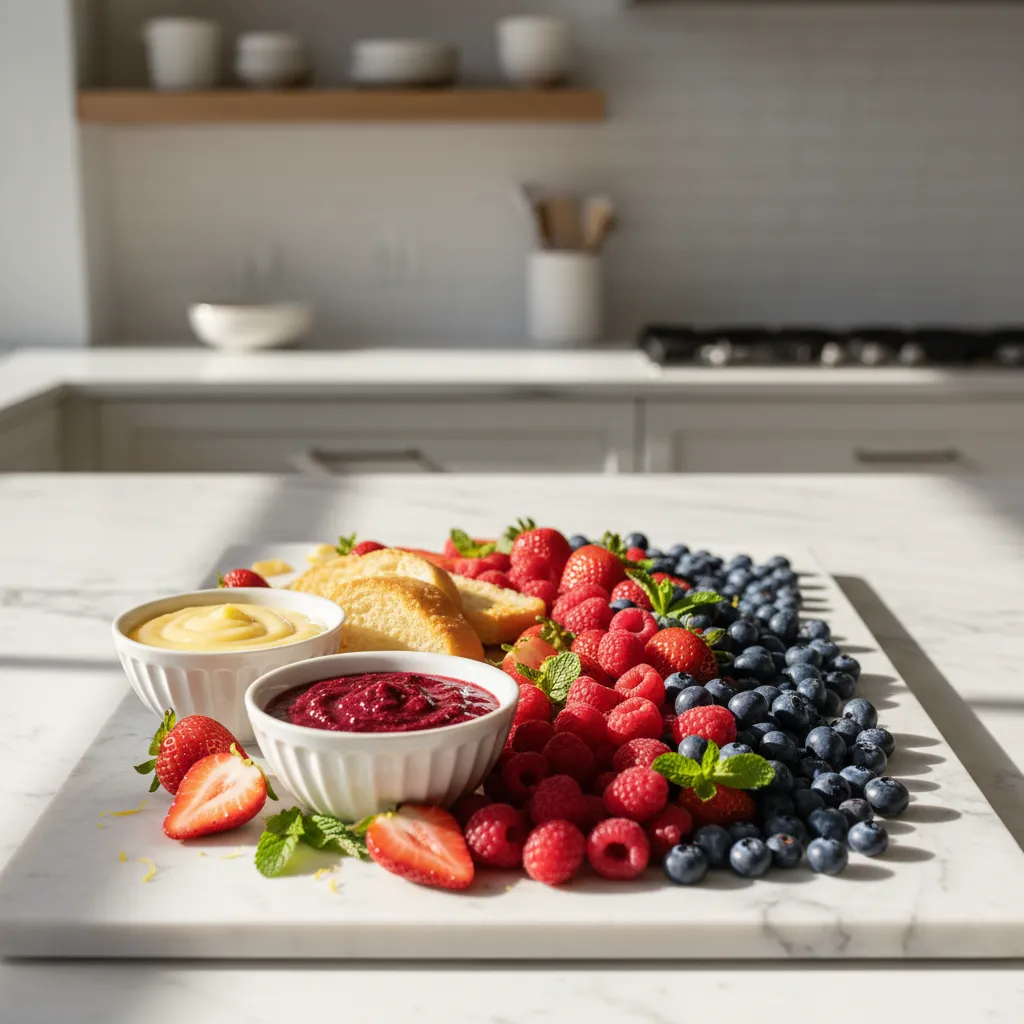 Gradient arrangement of strawberries and blueberries on a marble board