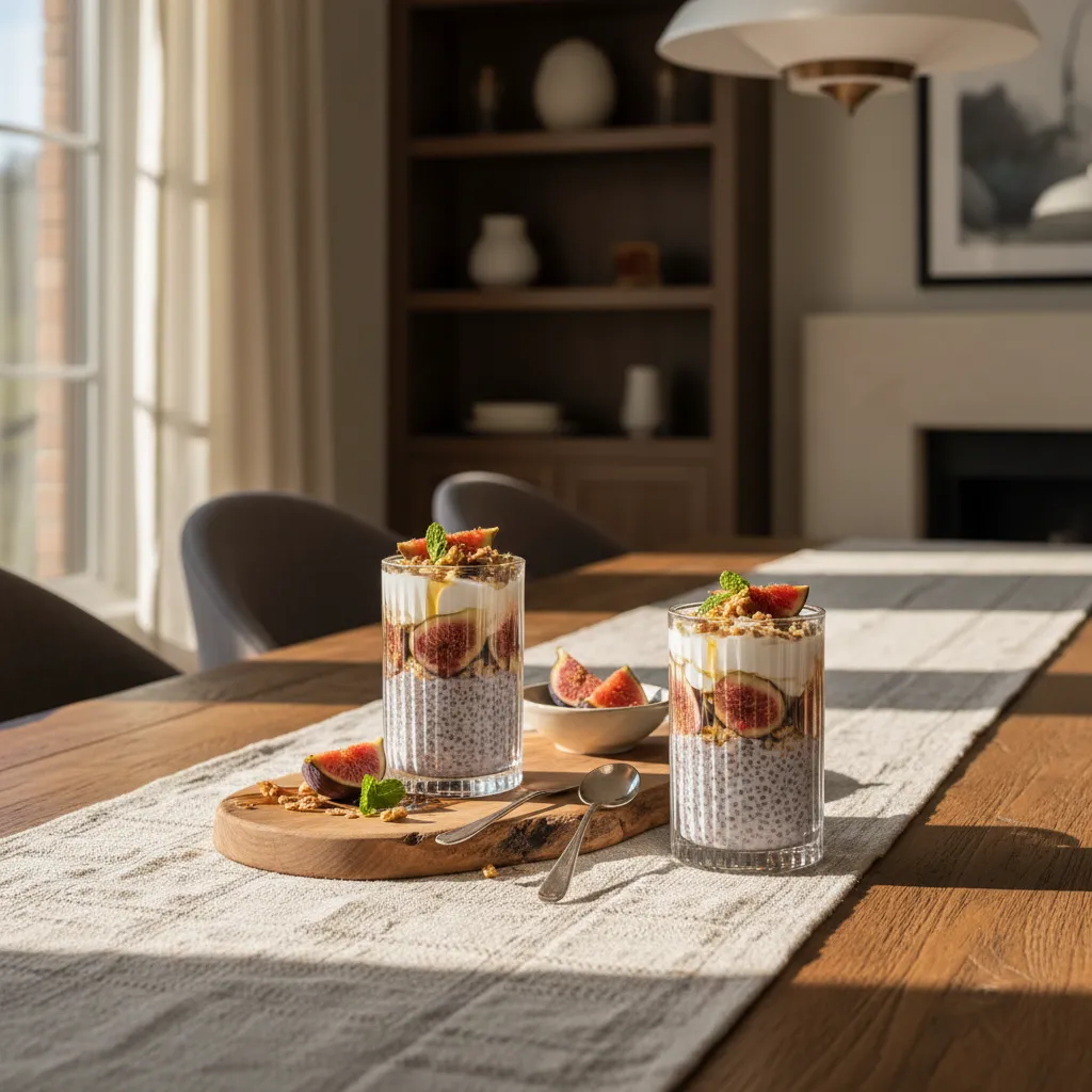 Elegant clear glassware holding a fig and maple chia pudding parfait on a wooden dining table