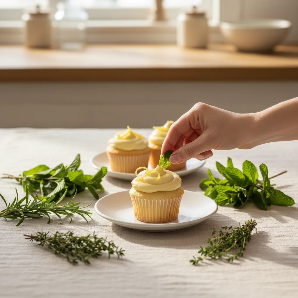 Fresh rosemary and thyme herbs arranged for dessert styling