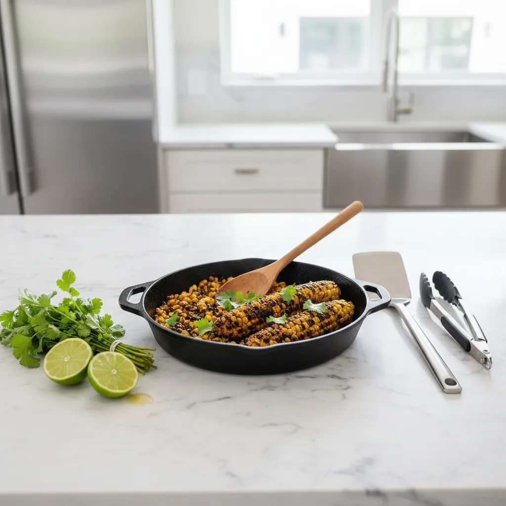 Sleek marble countertop with fresh cilantro, limes, and charred corn in a cast iron skillet