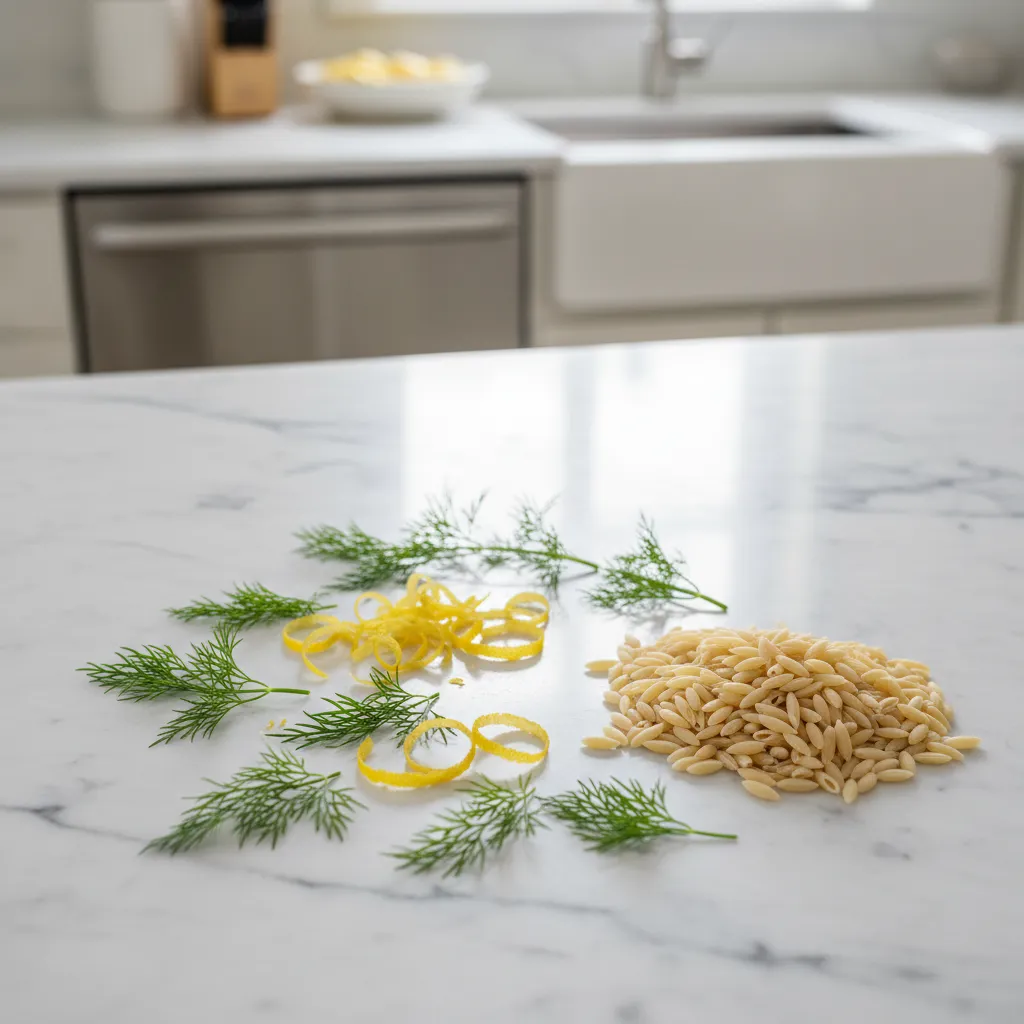 Fresh dill sprigs lemon zest and uncooked orzo pasta on marble counter