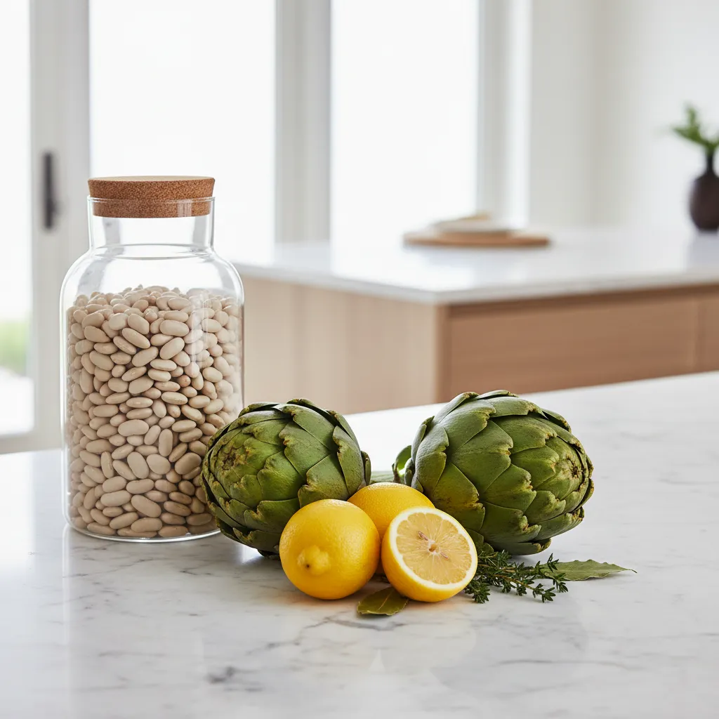 Cannellini beans fresh artichokes and lemons on a marble kitchen counter