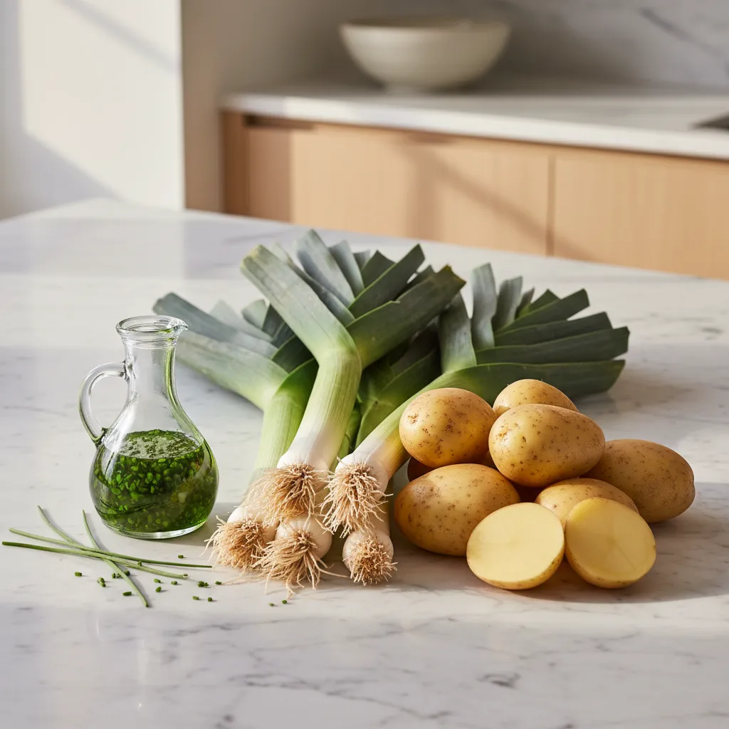Raw leeks and potatoes arranged on a marble kitchen counter
