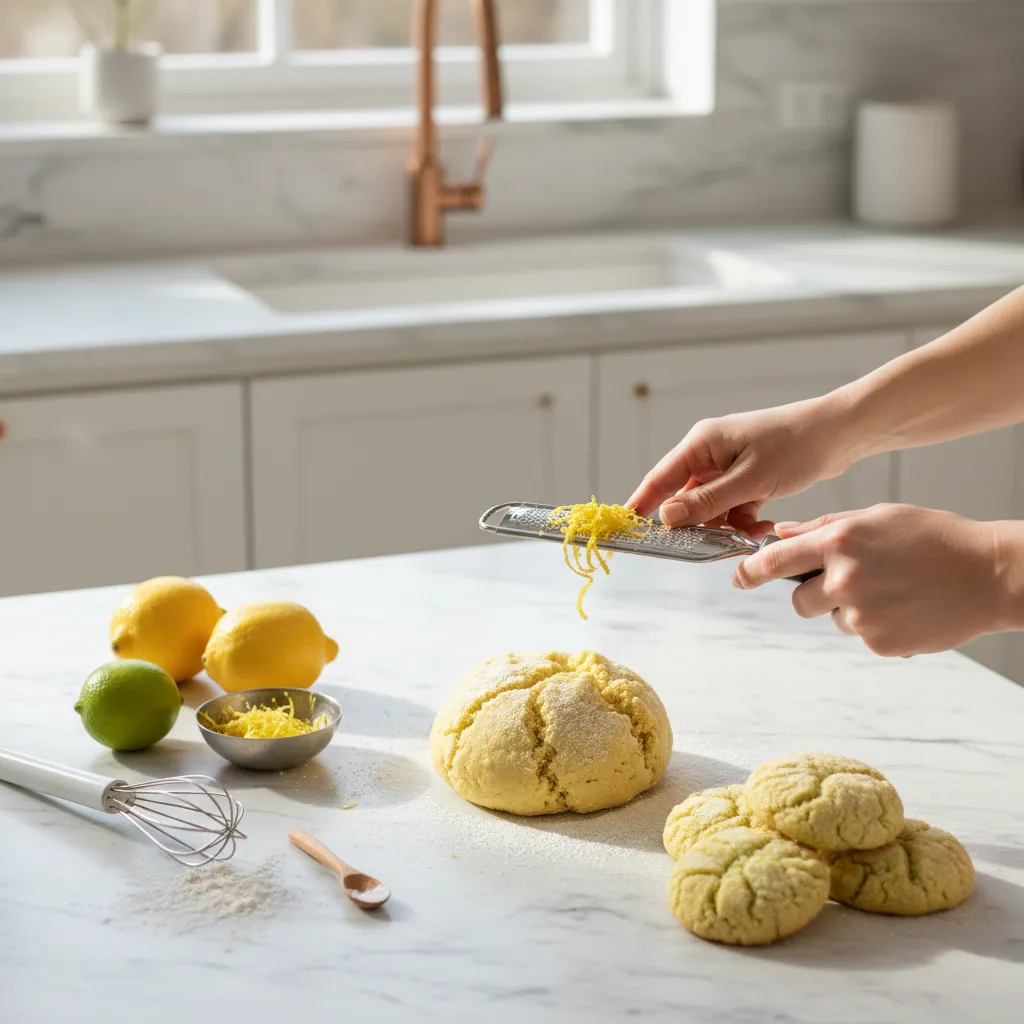Fresh lemon zest being prepared for cookie dough on marble counter