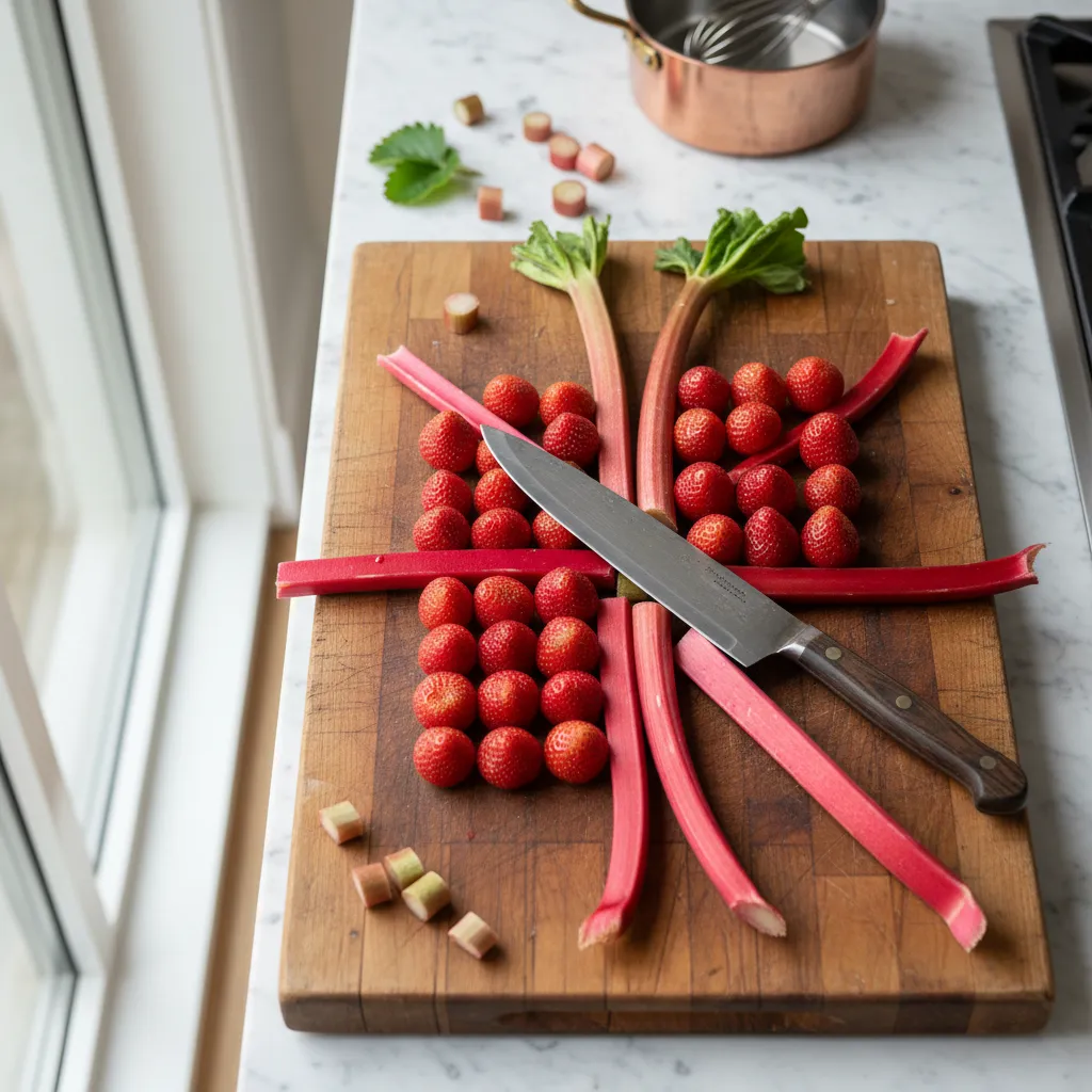 Fresh rhubarb stalks and strawberries arranged for dessert preparation