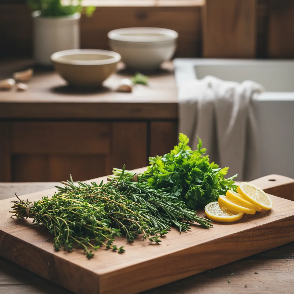 Fresh thyme rosemary and lemon slices on wood board