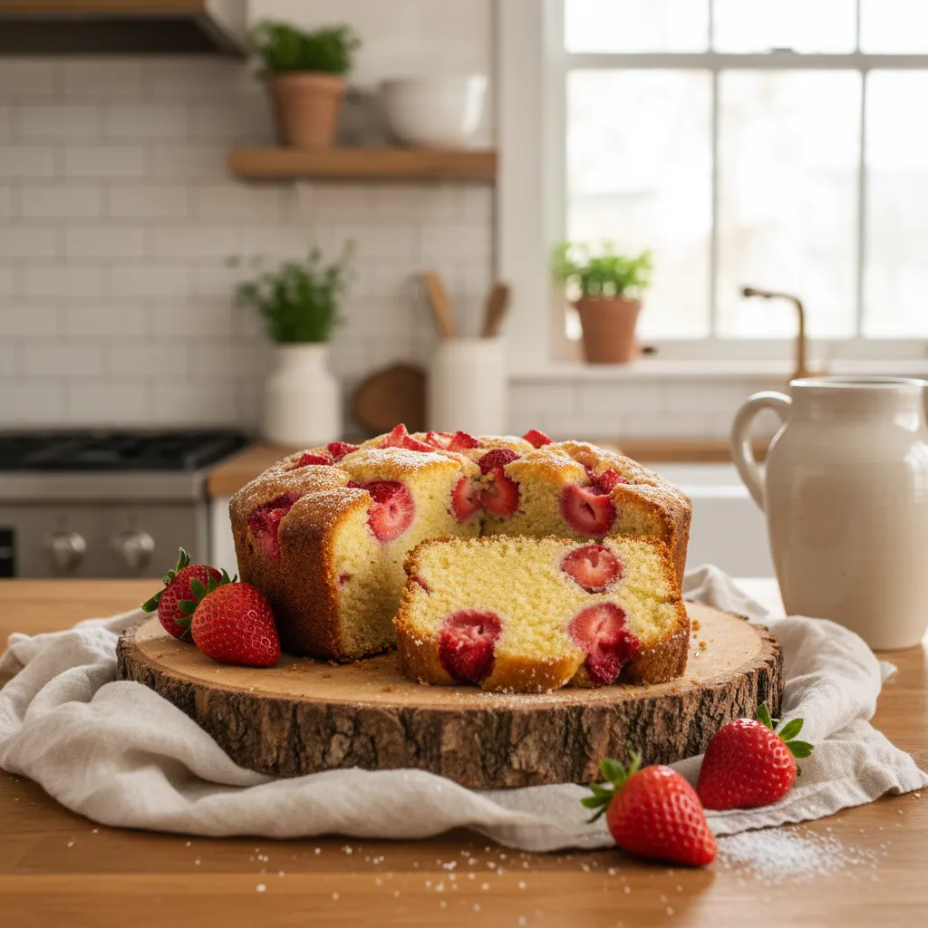 Moist strawberry pound cake on a wooden pedestal in a brightly lit modern kitchen