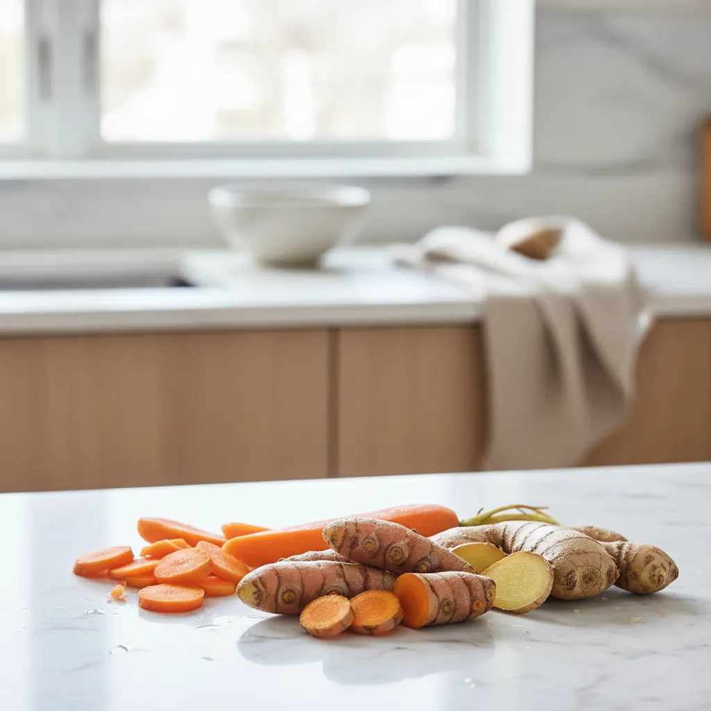 Fresh turmeric root and ginger slices on marble counter for spring soup preparation
