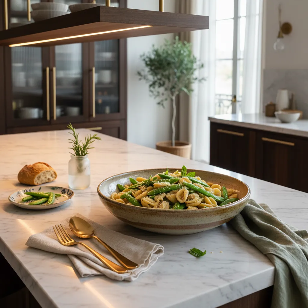A beautiful bowl of garlic butter sugar snap pea pasta on a modern kitchen island