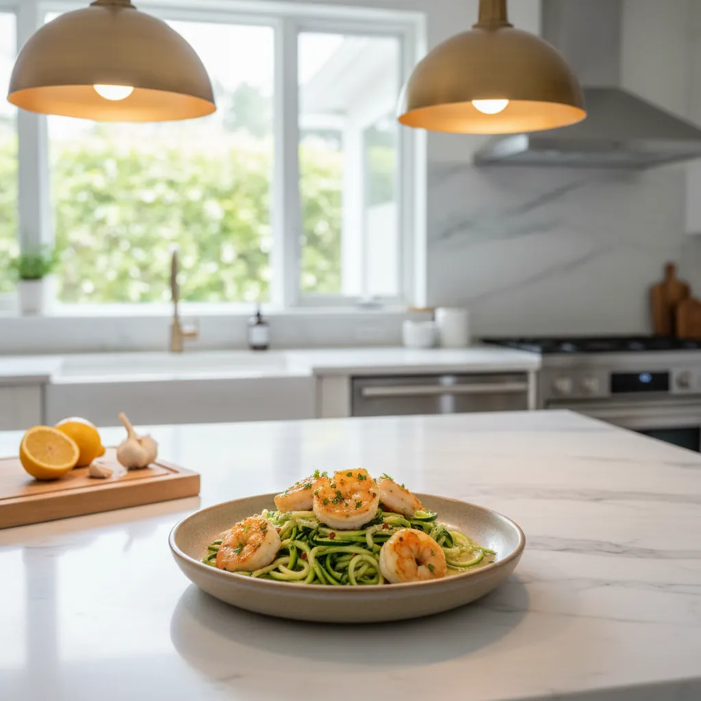 Elegant garlic shrimp and zucchini noodles plated in a modern kitchen setting