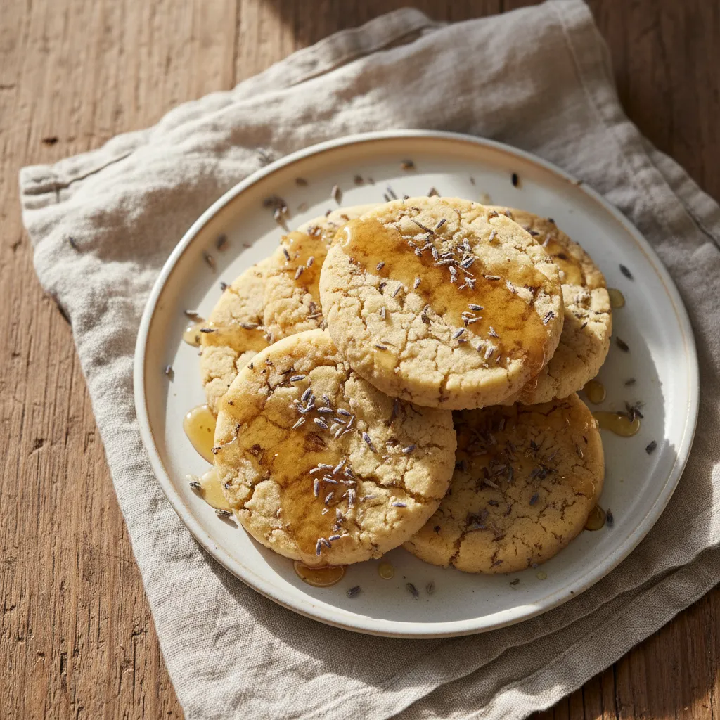 Floral lavender shortbread rounds with honey glaze displayed on a rustic table setting