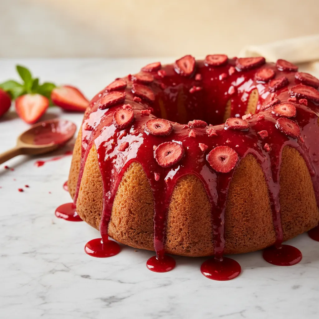 Moist pound cake topped with a concentrated shiny strawberry glaze on a marble counter