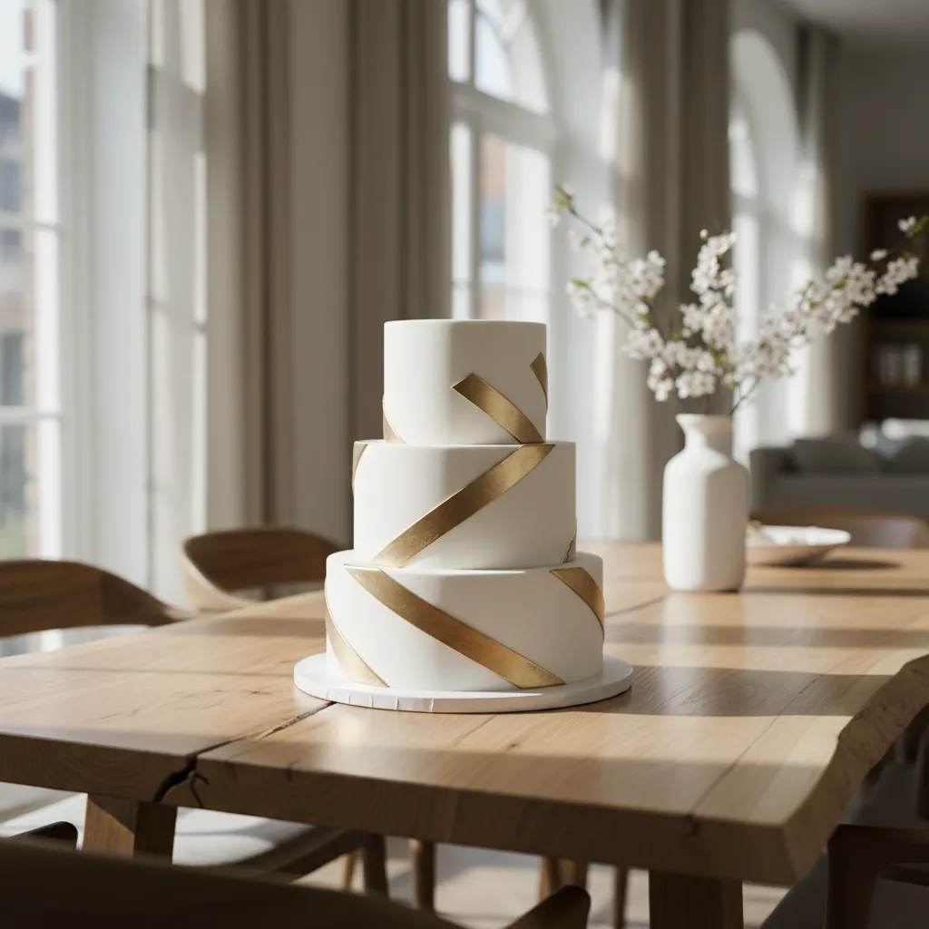 Close up of metallic gold chevron stripes on a modern white fondant cake