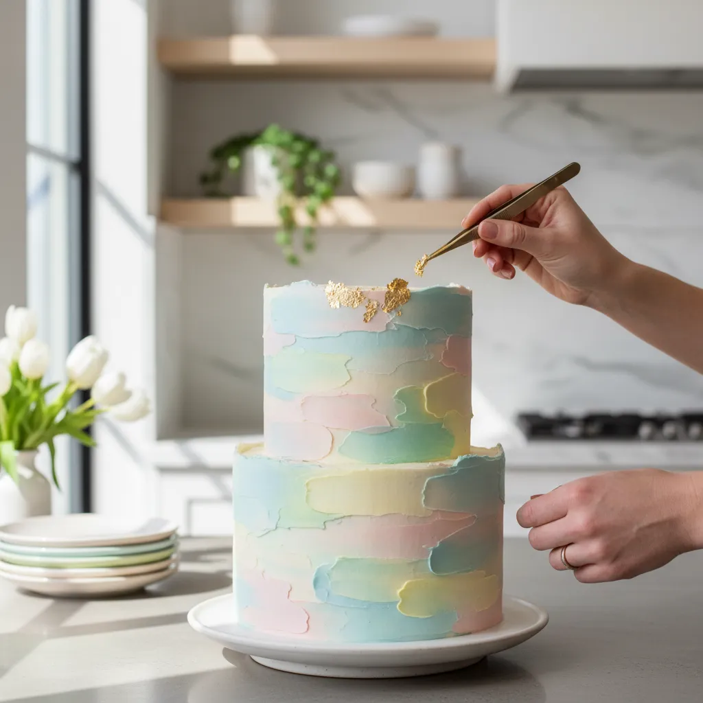 Tweezers applying gold leaf accents to a pastel cake edge