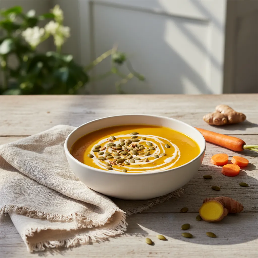 Vibrant carrot ginger soup in white ceramic bowl with turmeric garnish for spring detox dining