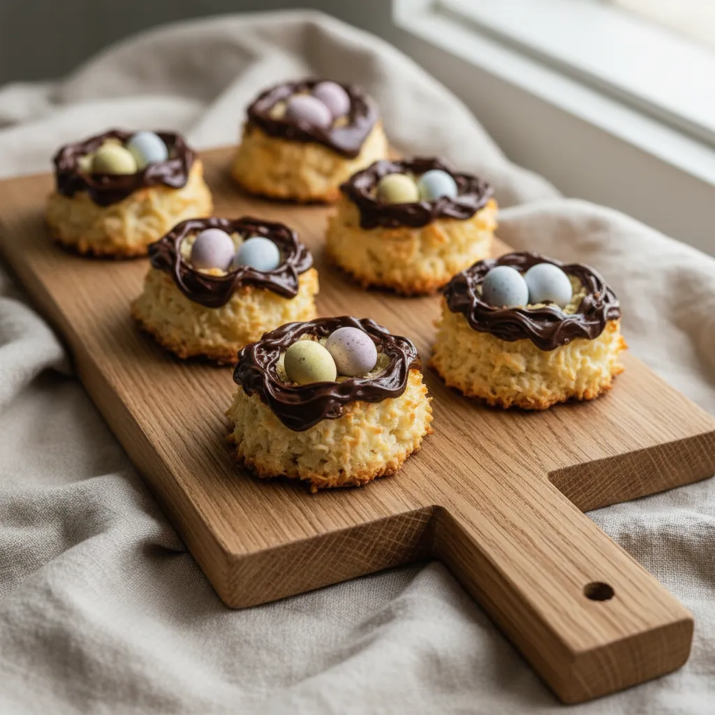 Toasted coconut macaroon bird nests with dark chocolate drizzle and pastel candy eggs on wood board