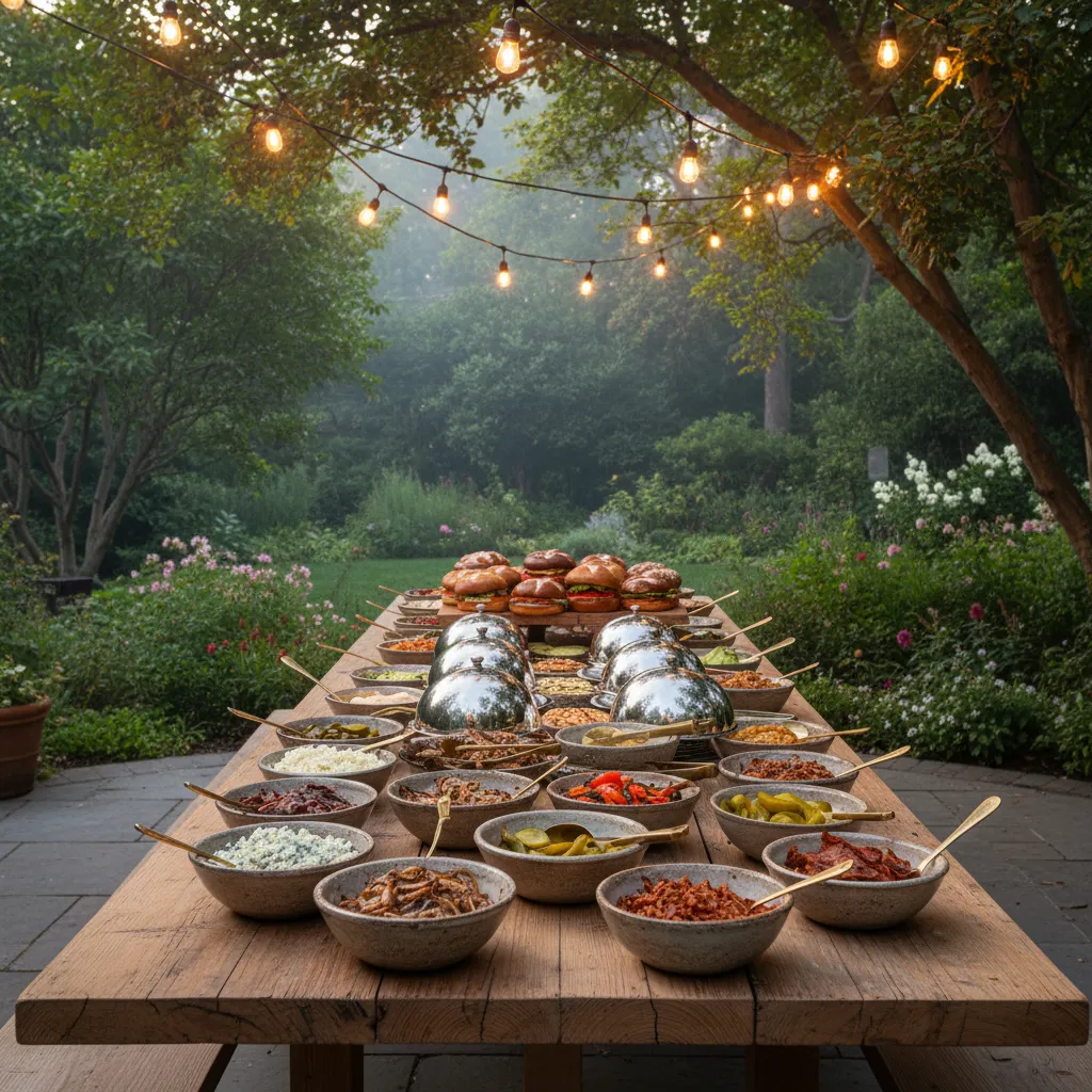Beautifully styled outdoor burger bar on a raw wood table with ceramic serving bowls