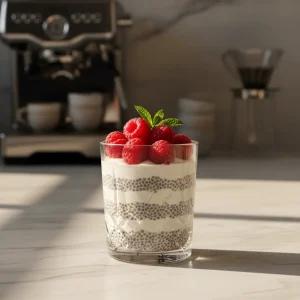 A layered chia seed pudding with yogurt recipe served in a glass on a marble kitchen counter with natural morning light.