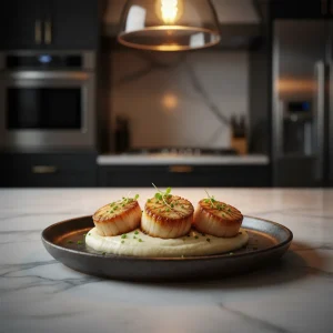 Seared keto scallops served over cauliflower puree on a marble kitchen island.