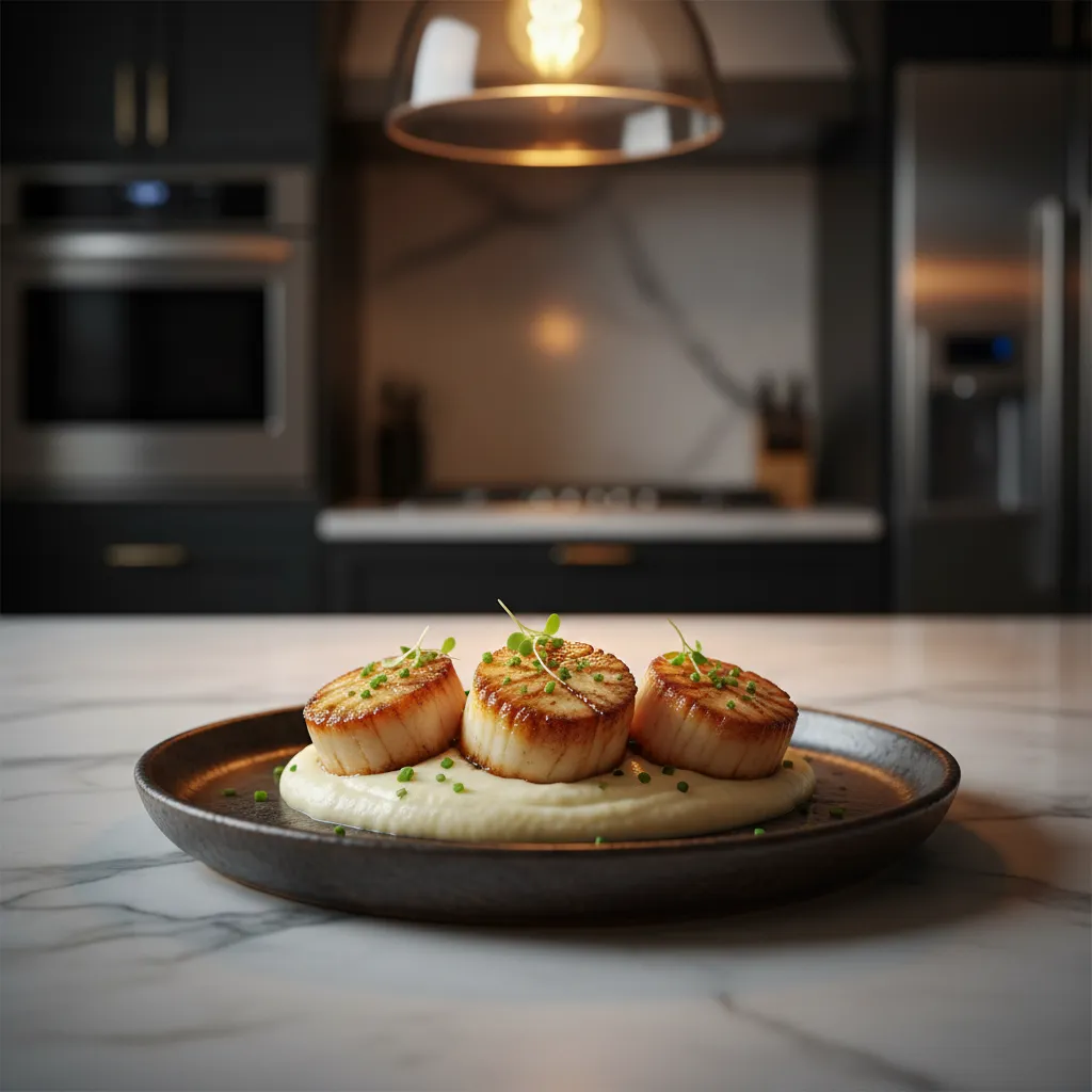 Seared keto scallops served over cauliflower puree on a marble kitchen island.