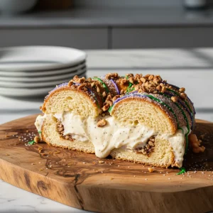Close-up of a sliced king cake showing a rich cream cheese filling and toasted pecan infusion on a rustic wooden surface.