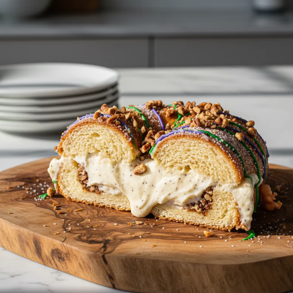 Close-up of a sliced king cake showing a rich cream cheese filling and toasted pecan infusion on a rustic wooden surface.