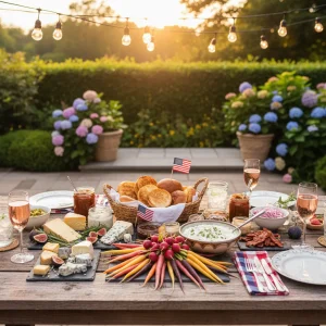 A sophisticated outdoor Memorial Day buffet featuring a gourmet burger bar and whipped feta dip on a rustic wood table.