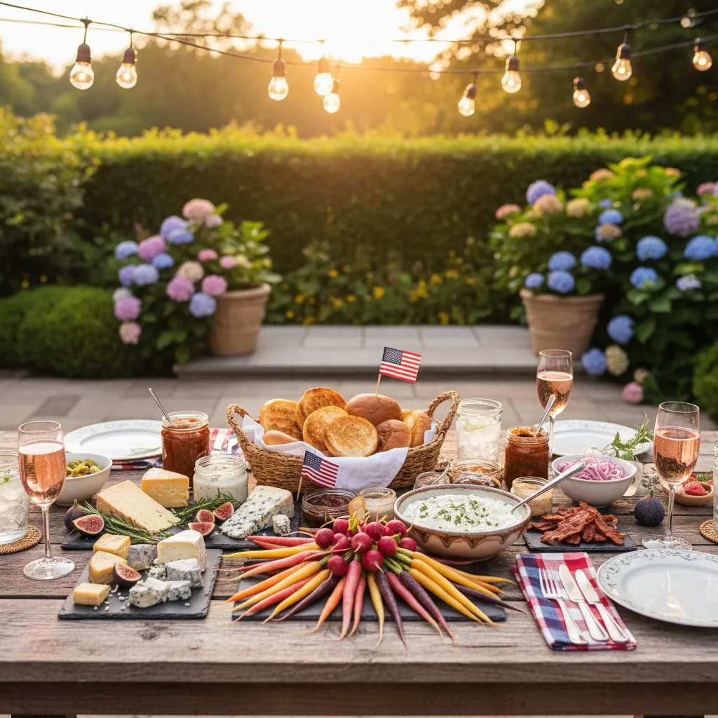 A sophisticated outdoor Memorial Day buffet featuring a gourmet burger bar and whipped feta dip on a rustic wood table.