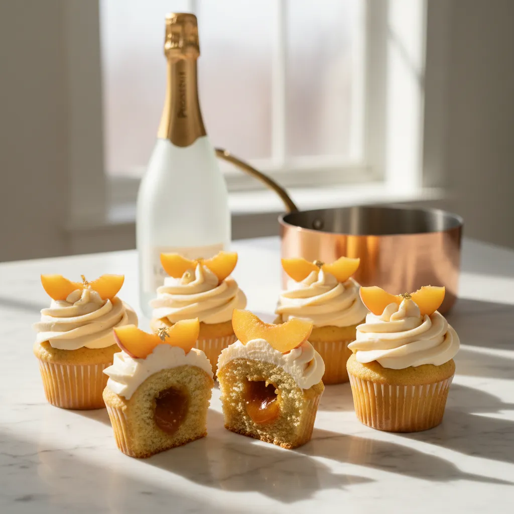 A sliced Peach Bellini cupcake on a marble counter showing the fresh peach compote center and Prosecco-infused cake.