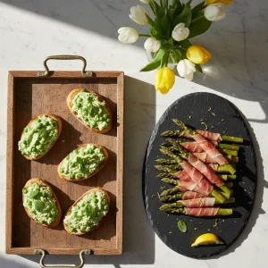 Elegant display of spring appetizers including pea crostini and prosciutto-wrapped asparagus on rustic trays.