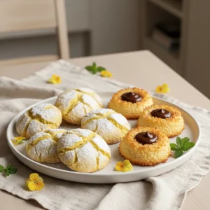 A designer platter featuring lemon crinkle cookies and coconut bird's nest macaroons for an Easter brunch display.