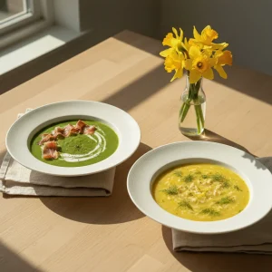 Velvety roasted asparagus soup and lemon chicken orzo soup served on an elegant spring dining table.
