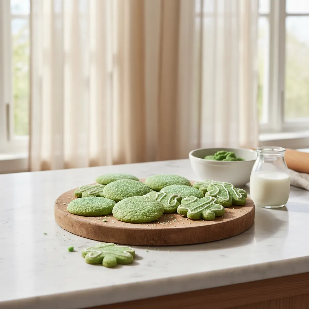 Mint green sugar cookies displayed on a rustic wooden board in a modern kitchen