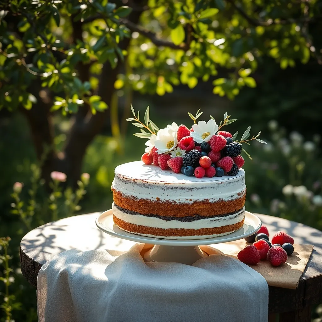 Naked cake decorated with olive branches and white flowers