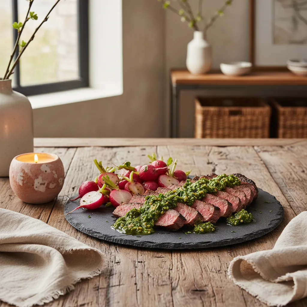 Grilled flank steak sliced on a slate platter with green chimichurri and roasted radishes