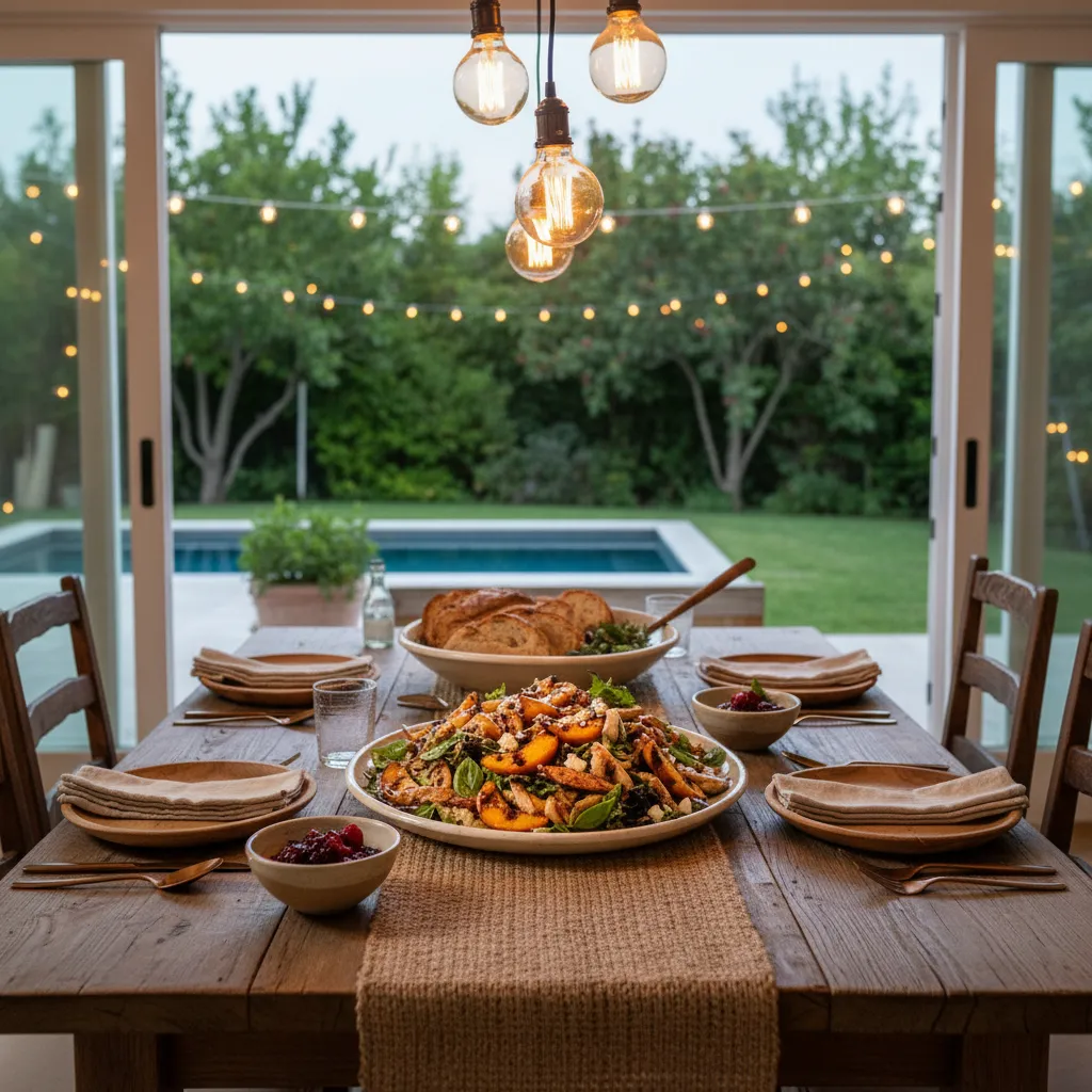Elegant outdoor dining table set for summer dinner with warm ambient lighting