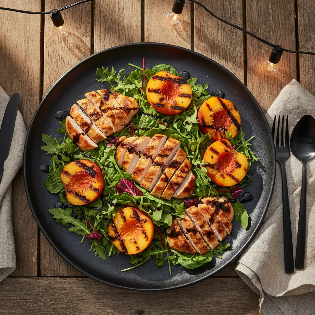 A gourmet grilled peach and balsamic chicken salad presented on a matte ceramic platter for a summer dinner party.